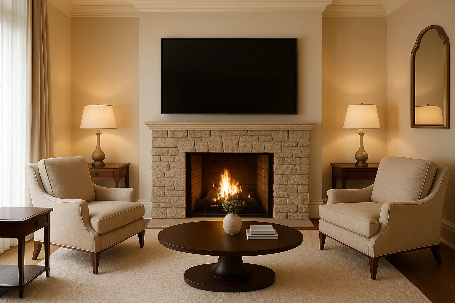 DFW TV Mounting Elegant living room with a fireplace and a large flat-screen TV mounted above it. Stone or brick fireplace texture, warm fire glowing, and stylish furniture. TV is centered and flush against the wall with a sleek finish.