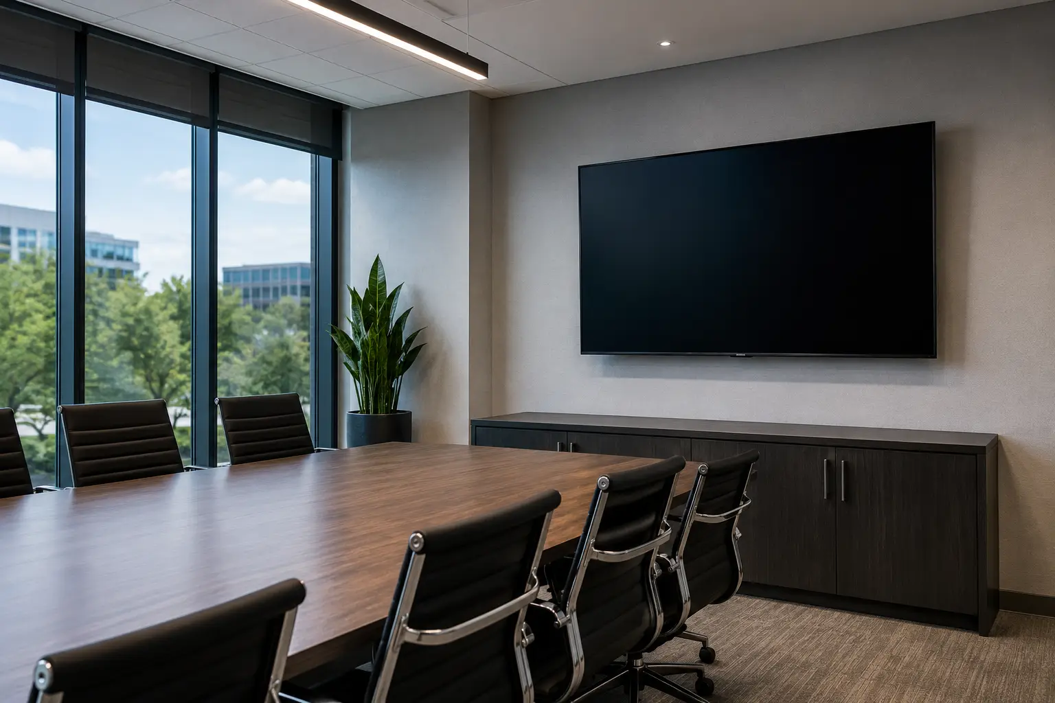 Commercial TV Mounting Addison TX featuring a professionally mounted flat-screen display in a modern conference room with executive seating, presentation capabilities, and clean cable management by DFW TV Mounting.