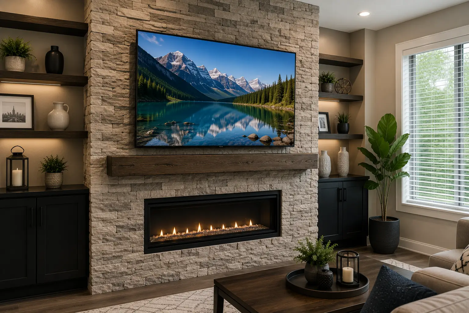 Fireplace TV Mounting Addison TX featuring a large flat-screen television professionally mounted above a modern stone fireplace with built-in shelving and custom living room design by DFW TV Mounting.