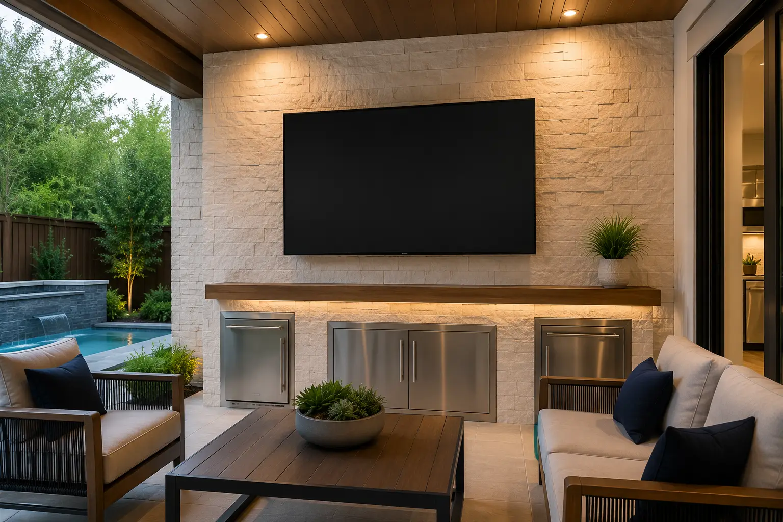 Outdoor TV Installation Addison TX featuring a large weather-resistant television mounted on a covered patio with outdoor seating, stone accent wall, outdoor kitchen, and luxury backyard entertainment space by DFW TV Mounting.