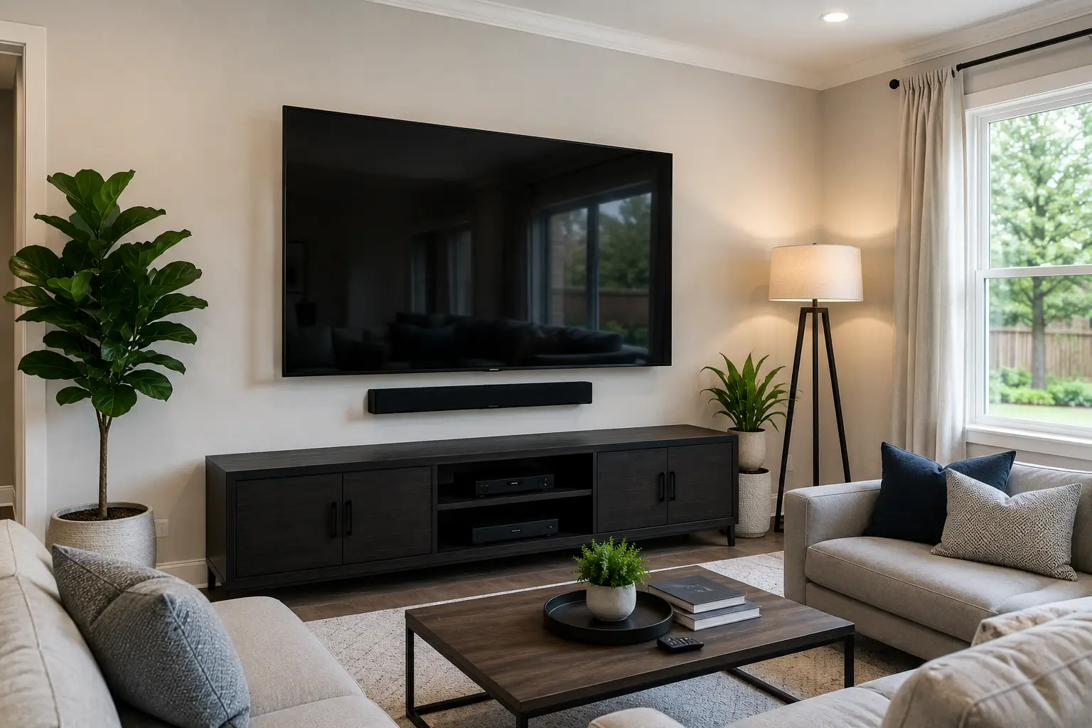 Professional TV Mounting Addison TX living room installation featuring a wall-mounted flat-screen television, mounted soundbar, modern media console, and clean cable management by DFW TV Mounting.