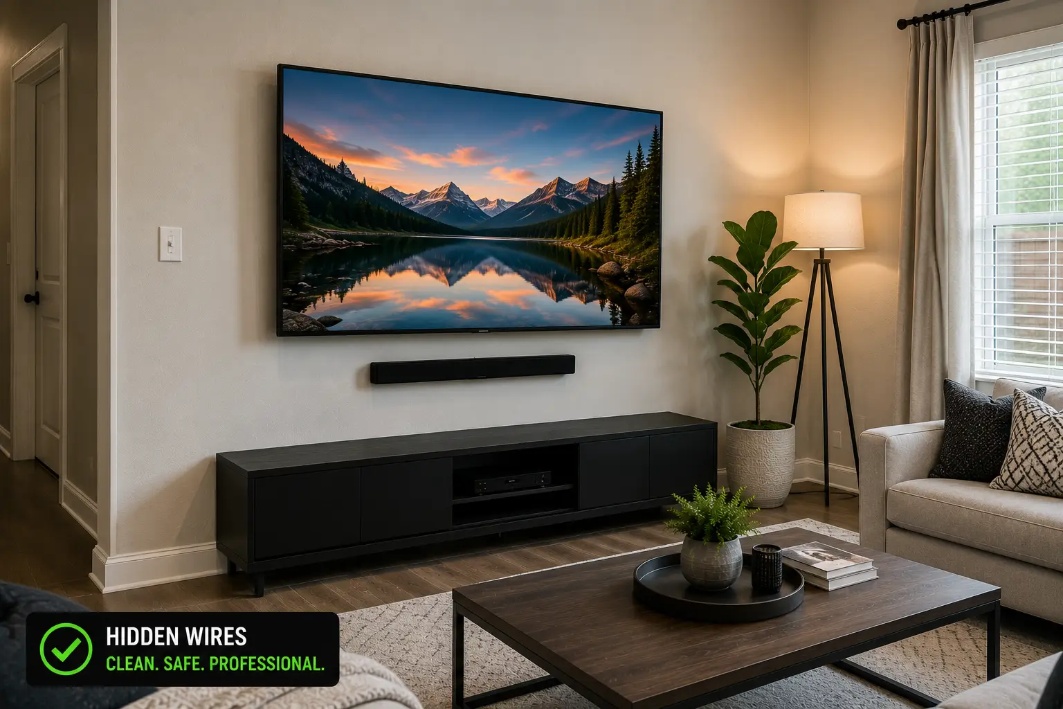 TV Wall Mounting Addison TX installation featuring a wall-mounted flat-screen television with hidden wire concealment, mounted soundbar, modern entertainment center, and clean cable management by DFW TV Mounting.