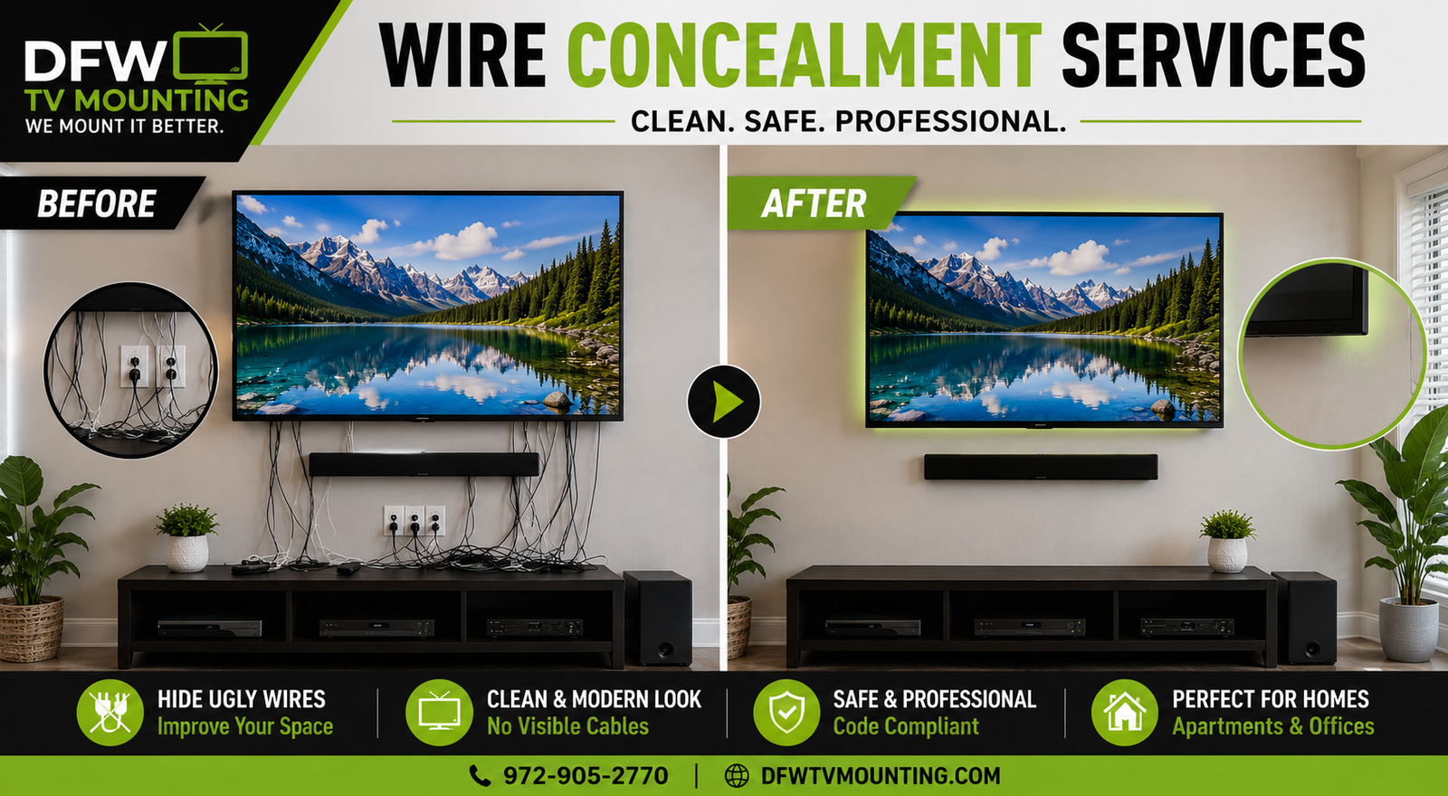Before and after wire concealment services by DFW TV Mounting showing a wall-mounted TV with exposed cables transformed into a clean, professional installation with hidden wires and cable management.